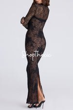 Hollow-out lace vest strapless bodycon long back slit dress two-piece set