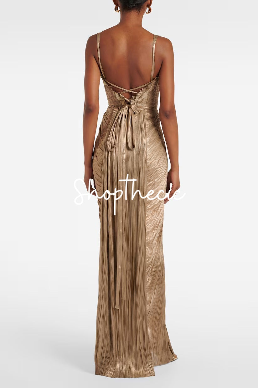Luxurious pleated gold-stamped slip maxi dress