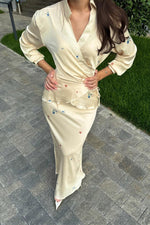 Satin long-sleeved tie-print top and skirt two-piece set