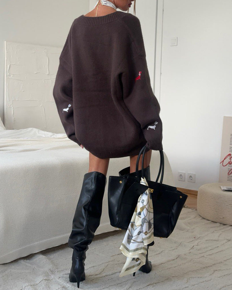 Single-breasted dachshund embroidered loose knit jacket