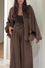 Lantern-sleeve zipper jacket and elastic waistband wide-leg pants two-piece set