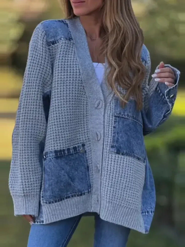 Denim patchwork knitted loose cardigan jacket