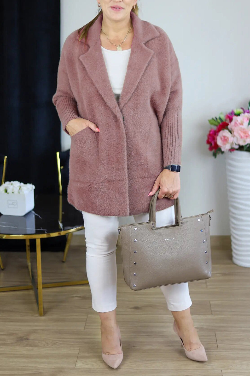Suit collar elastic cuffs mid-length plush coat