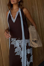 Satin paneled sleeveless top and skirt two-piece set