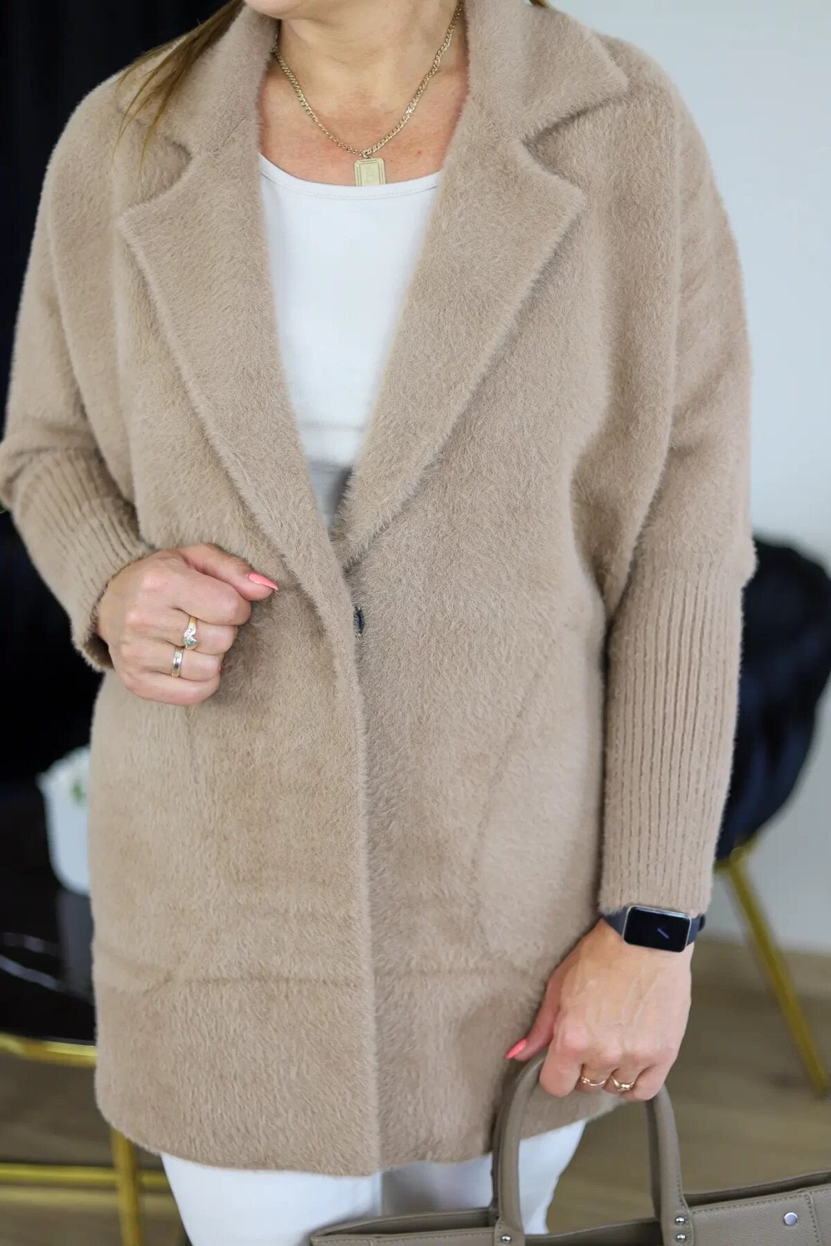 Suit collar elastic cuffs mid-length plush coat