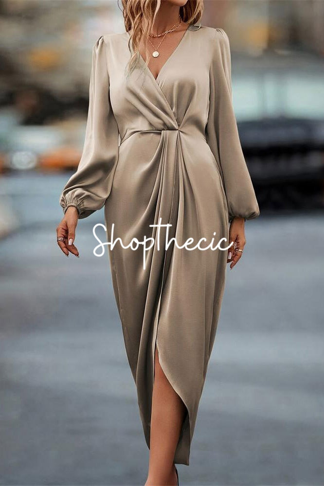 Puff-sleeved long-sleeved irregular slit midi dress