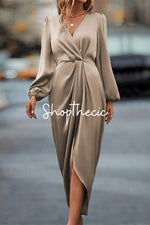 Puff-sleeved long-sleeved irregular slit midi dress