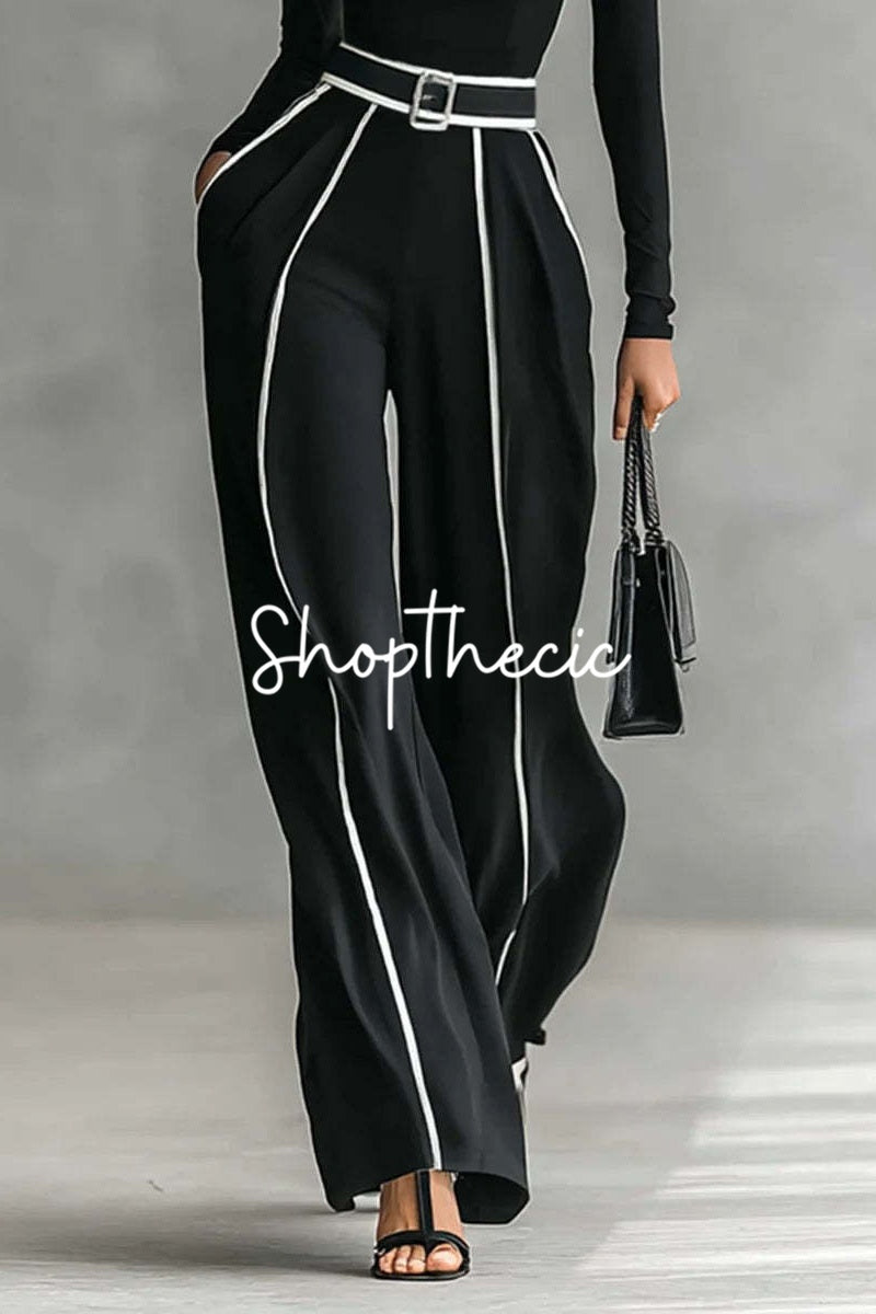 Black stand-up collar white contrasting trim knit top and wide-leg pants two-piece set