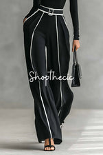Black stand-up collar white contrasting trim knit top and wide-leg pants two-piece set