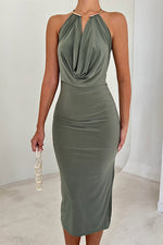 Solid color sleeveless round neck backless slit hip dress