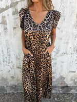 V-neck leopard print loose wide-leg jumpsuit