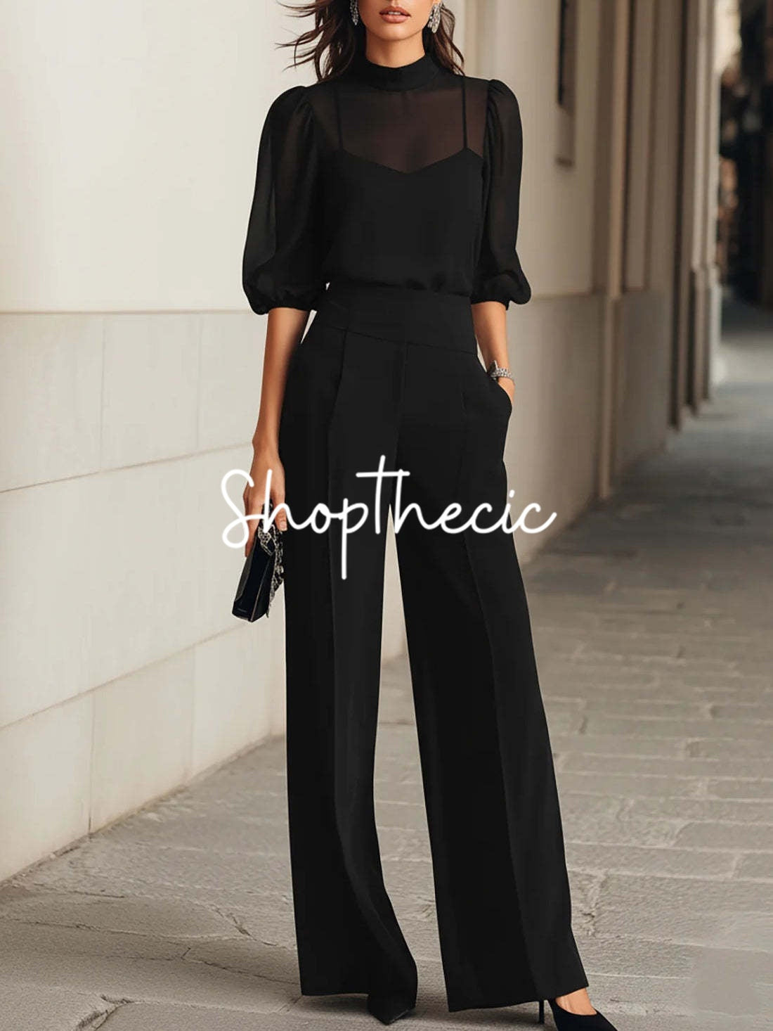 Black sheer mesh suspender wide-leg pants suit
