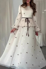 White long-sleeved chiffon butterfly embroidery dress