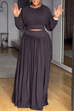 Round neck long-sleeved top elastic waist pleated skirt two-piece set