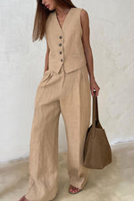 Einfarbiges Set aus Weste und langer Hose aus Baumwolle und Leinen mit V-Ausschnitt