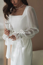 Square neckline sheer mesh flared sleeves fitted fishtail dress