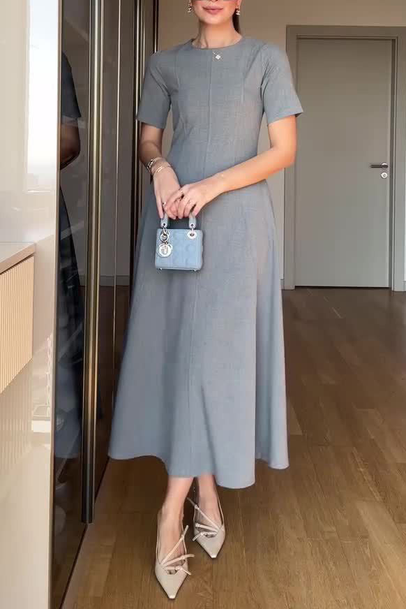 Temperament solid color waist loose hem midi dress