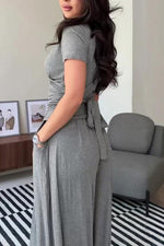 Tie-strap short-sleeved top and wide-leg pants two-piece suit