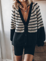 Cozy Loose black and white striped knitted cardigan