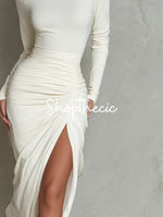 Clean Girl Luxury white turtleneck pleated slit midi dress