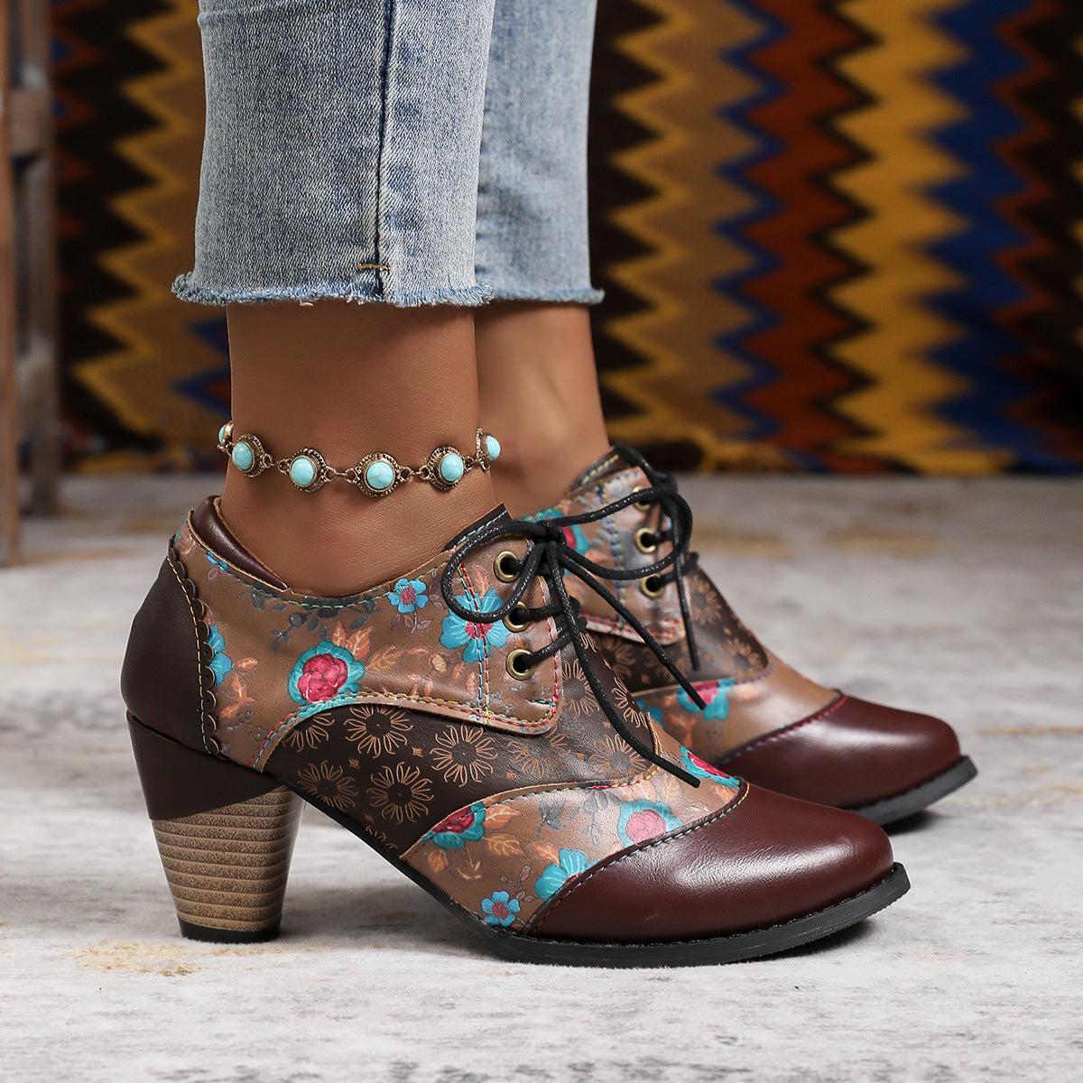 Retro ethnic thick high heels ankle Martin boots