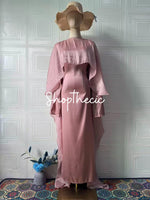 Elegant pink silk long dress with shawl