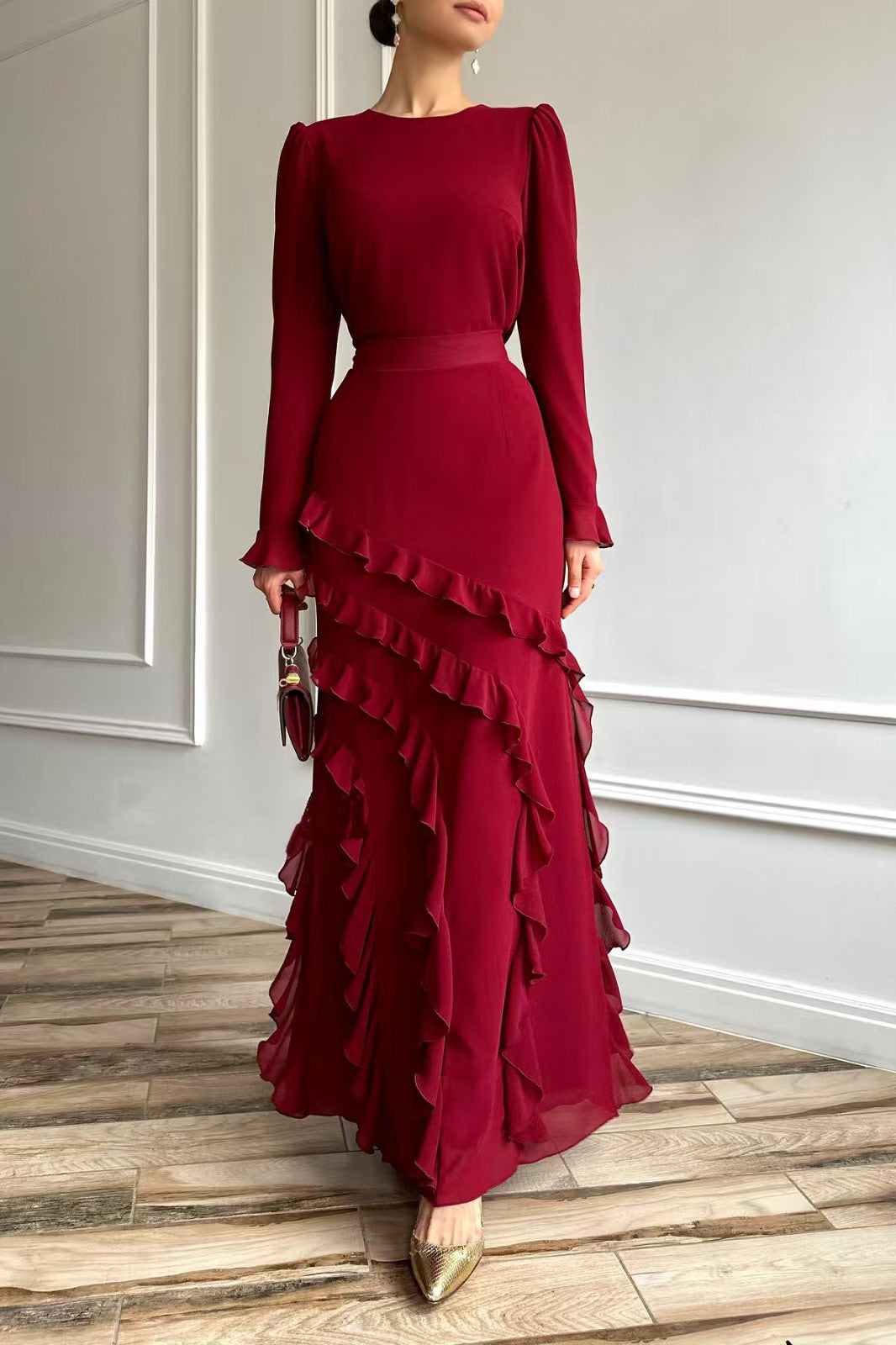 Long-sleeved top with ruffled hem and fitted long skirt two-piece set