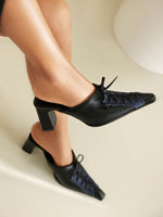 Square high heel pointed toe lace-up stitching mules