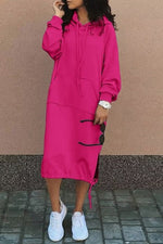 Large pockets tie-down hem hooded long sweatshirt dress