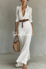 Elegant V-neck irregular pleated shirt dress