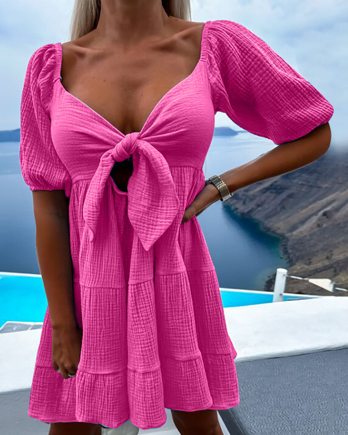 Chest Tie V Neck Short Sleeve Dress