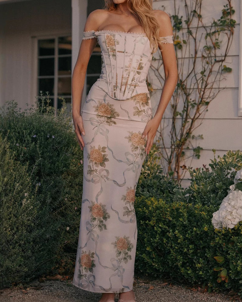 Off-the-shoulder herringbone tube top print dress