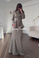Retro-style feminine long-sleeved V-neck fitted top and bodycon long skirt set