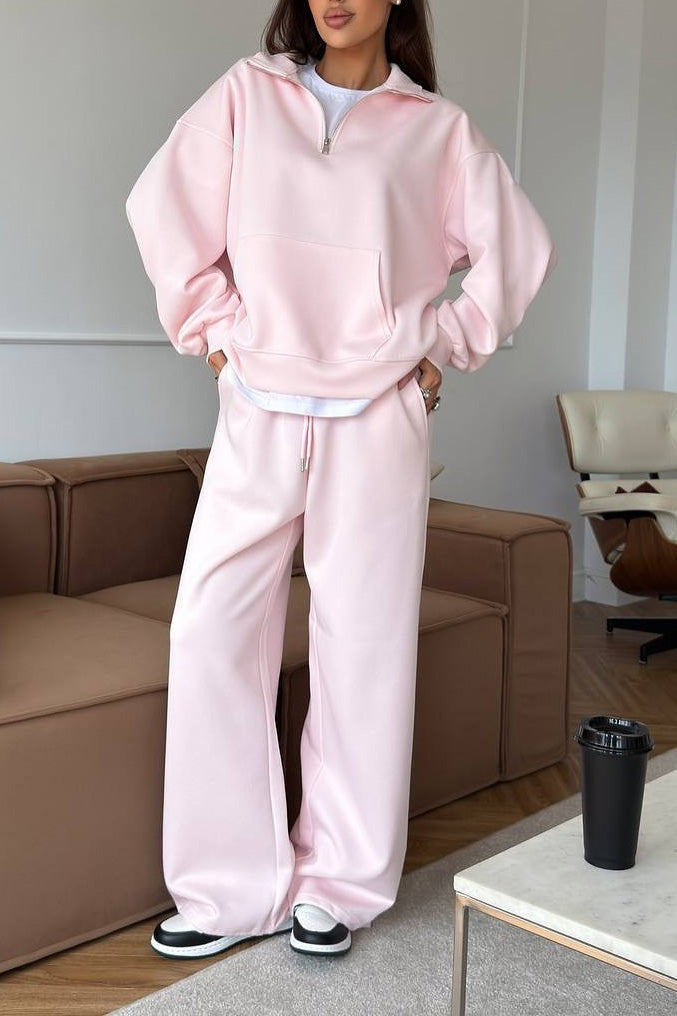 Zippered half-high collar pullover sweatshirt and wide-leg pants two-piece suit