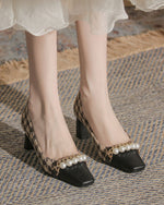 Pearl-Embellished Chunky Heel Plaid Velvet Shoes