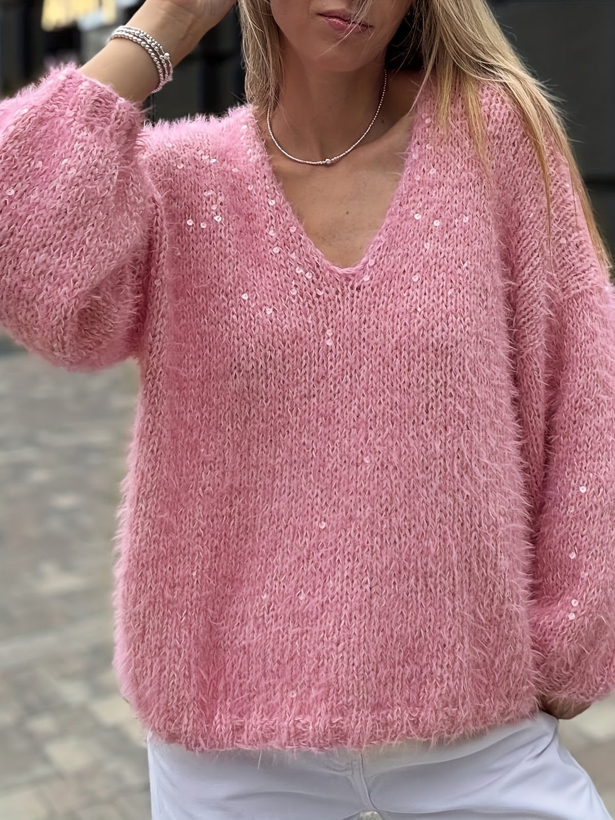 Pink shiny silk v-neck sweater pullover