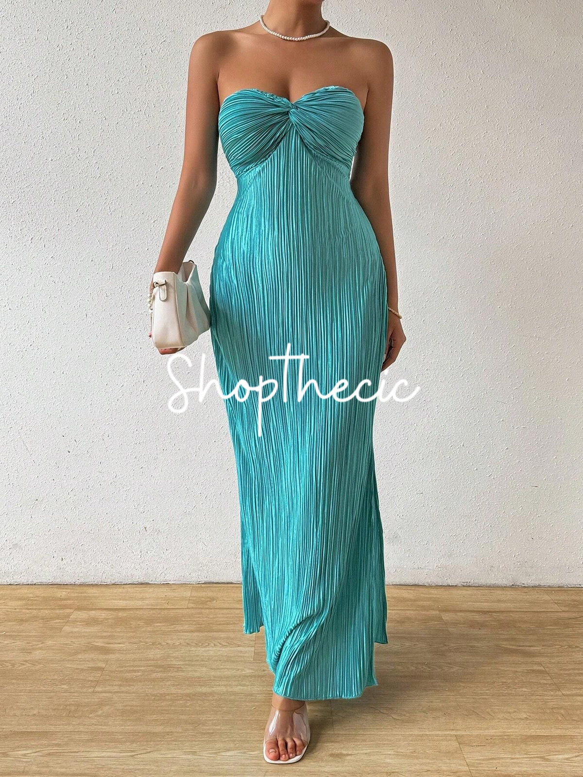 Strapless pleated fitted bow slit maxi dress