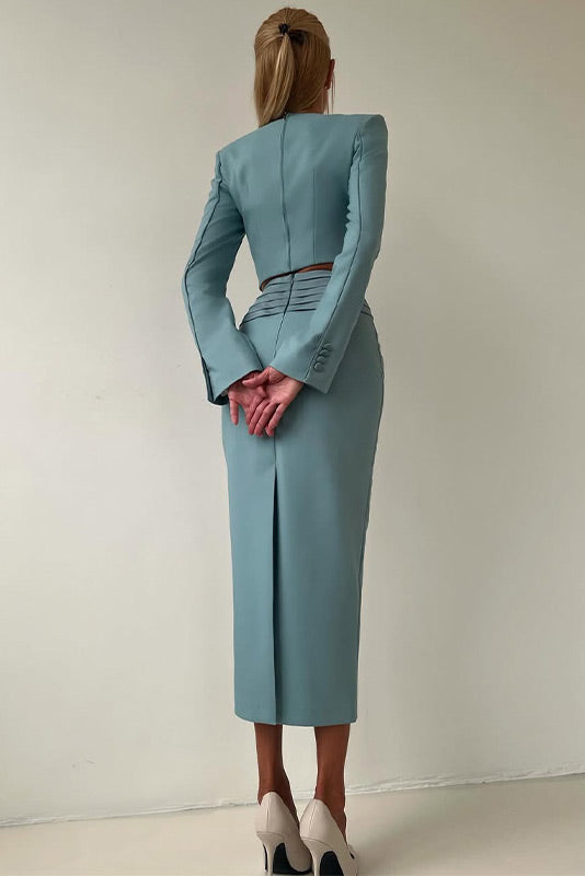 Solid Color Long Sleeve Zipper Top Slit Hip-Wrap Long Skirt Set