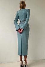 Solid Color Long Sleeve Zipper Top Slit Hip-Wrap Long Skirt Set