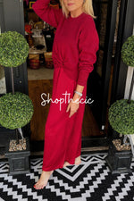 Solid color crew neck long-sleeved sweater and loose skirt two-piece set