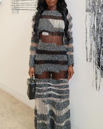 Robe en tricot ajourée à coutures contrastées et coupe slim