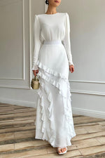 Long-sleeved top with ruffled hem and fitted long skirt two-piece set