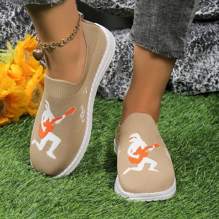 Chaussures plates en tricot à mouche brodées de musique rock