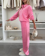 Button-down stand-up collar sweatshirt jacket and trousers Two-piece set