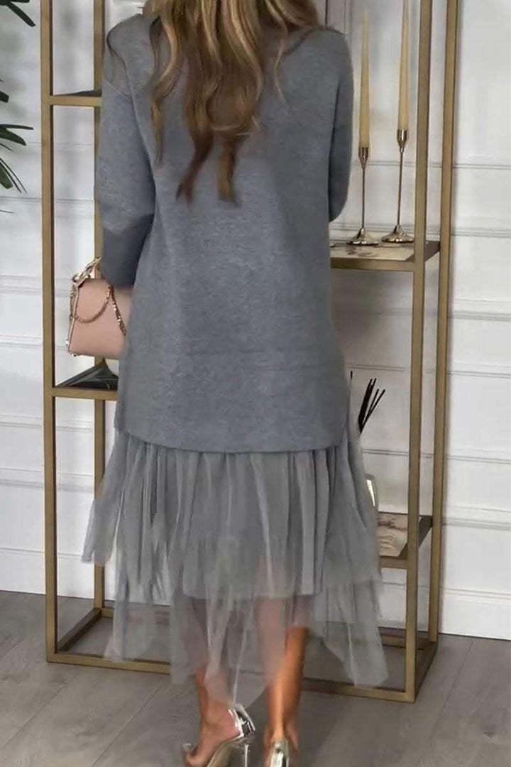 Mid-length pullover top and mesh skirt set