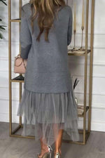 Mid-length pullover top and mesh skirt set
