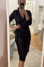 Sparkling Sequin V-Neck Long Sleeve Tie Hip Dress