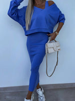 Solid Color V-Neck Long Sleeve Sweatshirt Suspender Slim Maxi Dress Two Piece Set