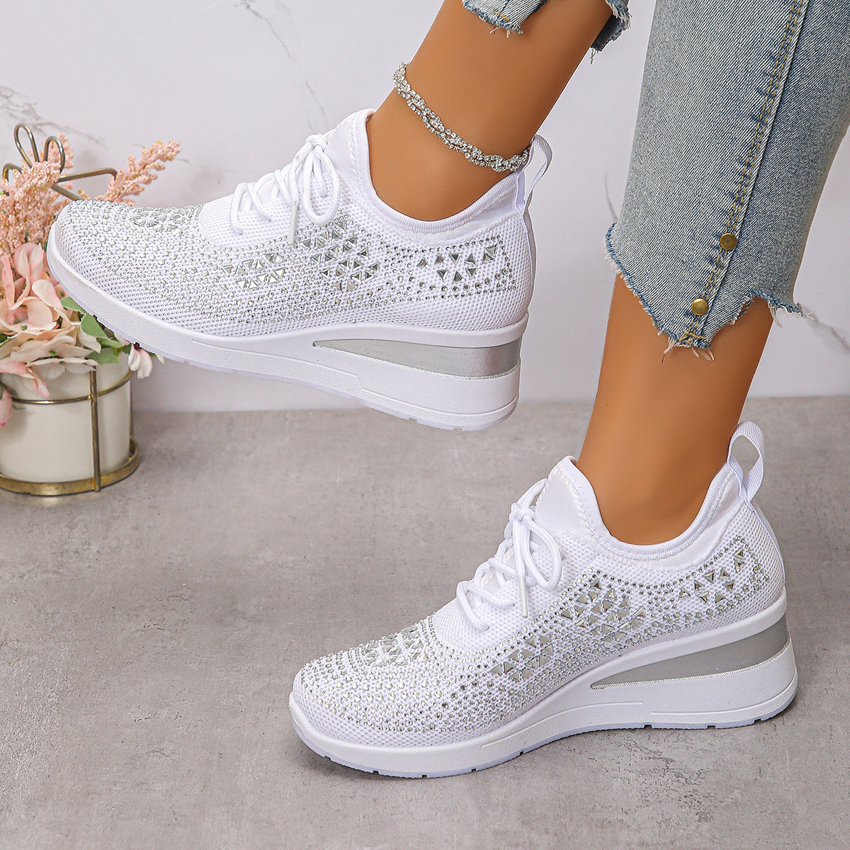Rhinestones Woven Upper Hidden Heel lightweight walking shoes