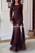 Abito lungo aderente con scialle in pizzo marrone Eroded Glamour